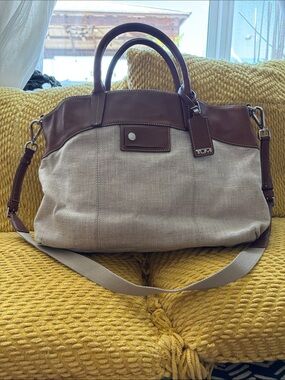 Tumi Beige Canvas and Brown Leather Duffel